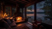 Cozy Rain on Lakeside Ambient with Gentle Rain falling and Relaxing Fireplace to Meditation & Sleep